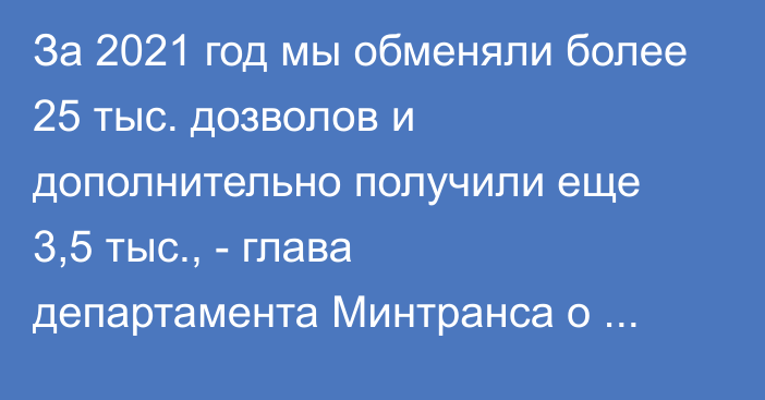 За 2021 год мы обменяли более 25 тыс. дозволов и дополнительно получили еще 3,5 тыс., - глава департамента Минтранса о международных перевозках