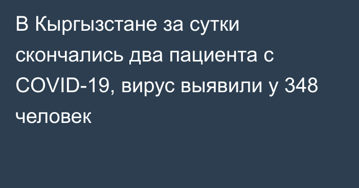 В Кыргызстане за сутки скончались два пациента с COVID-19, вирус выявили у 348 человек