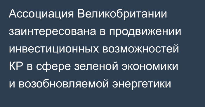 Ассоциация Великобритании заинтересована в продвижении инвестиционных возможностей КР в сфере зеленой экономики и возобновляемой энергетики