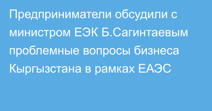 Предприниматели обсудили с министром ЕЭК Б.Сагинтаевым проблемные вопросы бизнеса Кыргызстана в рамках ЕАЭС