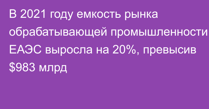 В 2021 году емкость рынка обрабатывающей промышленности ЕАЭС выросла на 20%, превысив $983 млрд