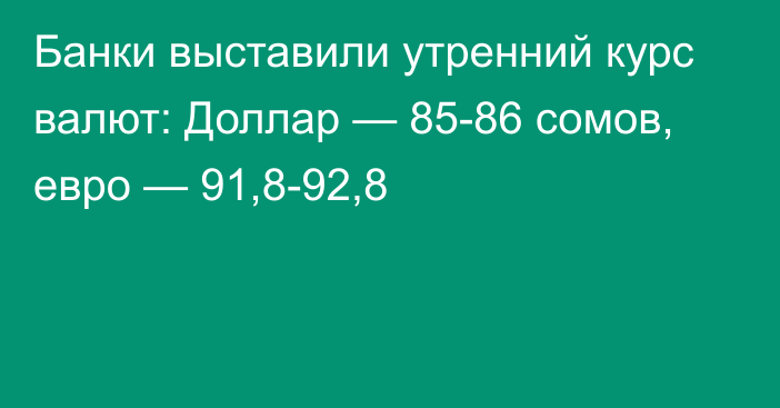 Банки выставили утренний курс валют: Доллар — 85-86 сомов, евро — 91,8-92,8