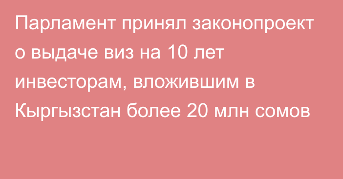 Парламент принял законопроект о выдаче виз на 10 лет инвесторам, вложившим в Кыргызстан более 20 млн сомов