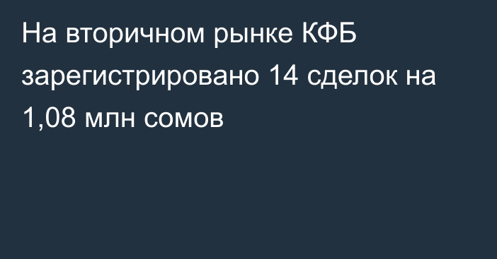 На вторичном рынке КФБ зарегистрировано 14 сделок на 1,08 млн сомов