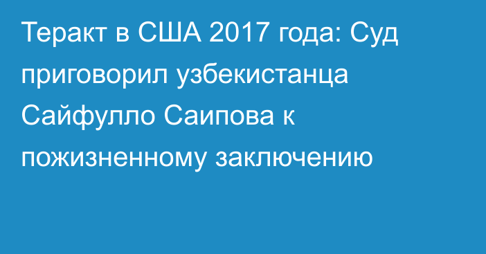 Теракт в США 2017 года: Суд приговорил узбекистанца Сайфулло Саипова к пожизненному заключению