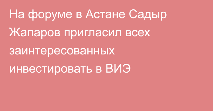 На форуме в Астане Садыр Жапаров пригласил всех заинтересованных инвестировать в ВИЭ