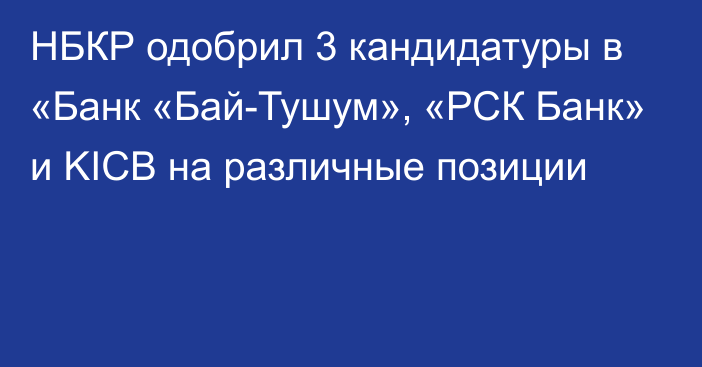 НБКР одобрил 3 кандидатуры в «Банк «Бай-Тушум», «РСК Банк» и KICB  на различные позиции