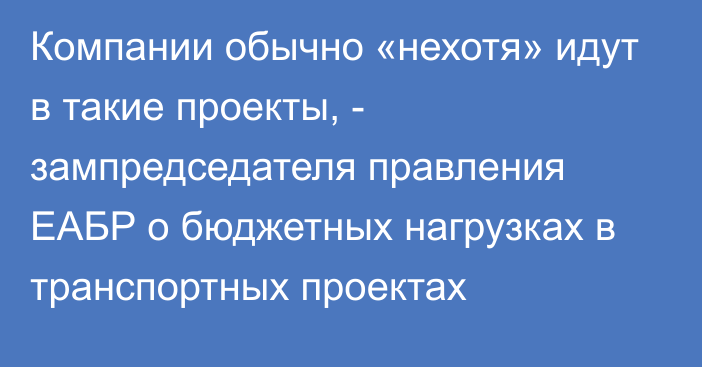 Компании обычно «нехотя» идут в такие проекты, - зампредседателя правления ЕАБР о бюджетных нагрузках в транспортных проектах