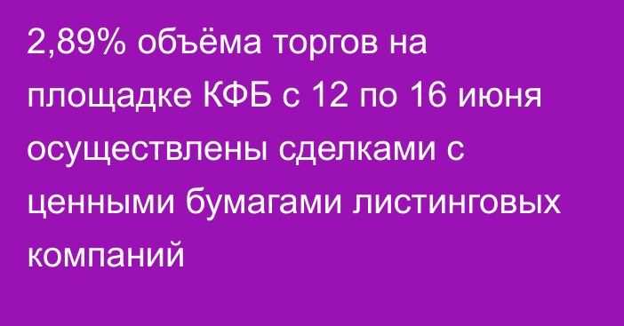 2,89% объёма торгов на площадке КФБ с 12 по 16 июня осуществлены сделками с ценными бумагами листинговых компаний