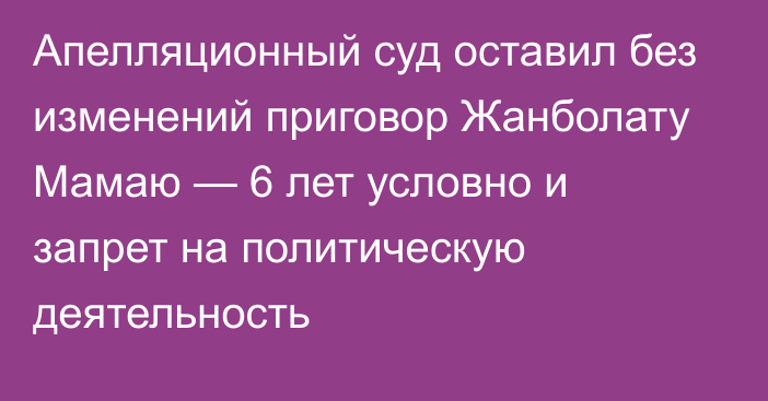 Апелляционный суд оставил без изменений приговор Жанболату Мамаю — 6 лет условно и запрет на политическую деятельность