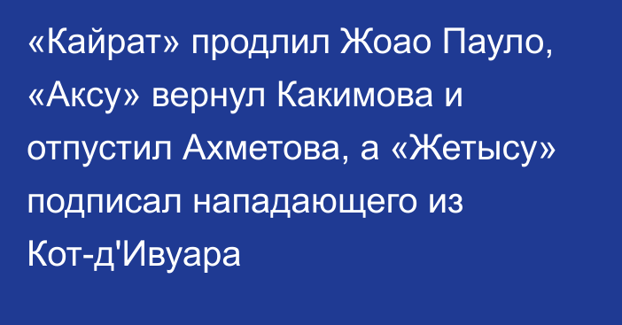 «Кайрат» продлил Жоао Пауло, «Аксу» вернул Какимова и отпустил Ахметова, а «Жетысу» подписал нападающего из Кот-д'Ивуара