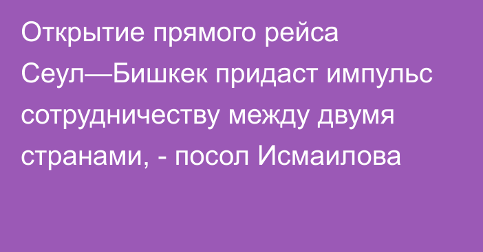 Открытие прямого рейса Сеул—Бишкек придаст импульс сотрудничеству между двумя странами, - посол Исмаилова