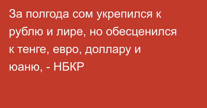 За полгода сом укрепился к рублю и лире, но обесценился к тенге, евро, доллару и юаню, - НБКР