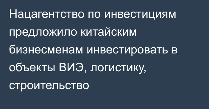 Нацагентство по инвестициям предложило китайским бизнесменам инвестировать в объекты ВИЭ, логистику, строительство