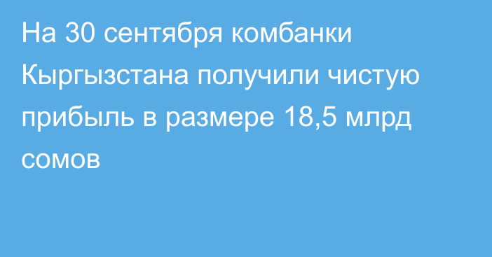 На 30 сентября комбанки Кыргызстана получили чистую прибыль в размере 18,5 млрд сомов