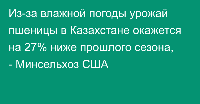 Из-за влажной погоды урожай пшеницы в Казахстане окажется на 27% ниже прошлого сезона, - Минсельхоз США