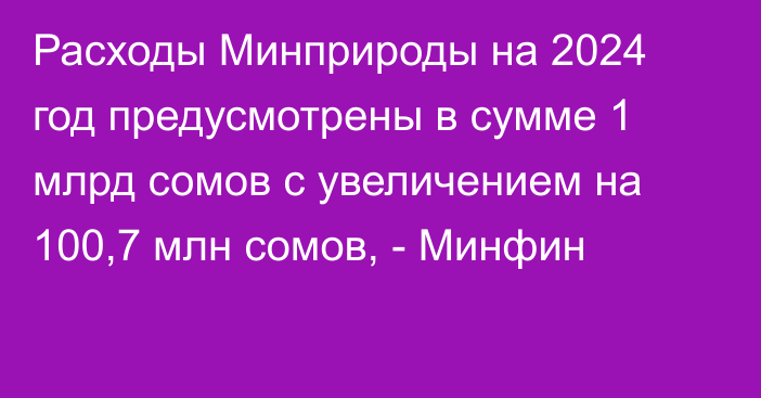 Расходы Минприроды на 2024 год предусмотрены в сумме 1 млрд сомов с увеличением на 100,7 млн сомов, - Минфин