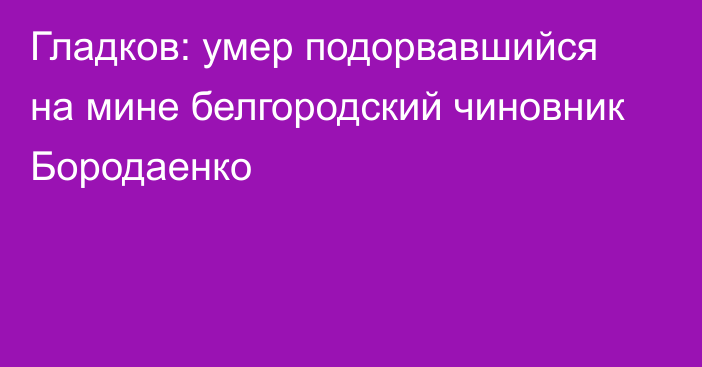 Гладков: умер подорвавшийся на мине белгородский чиновник Бородаенко