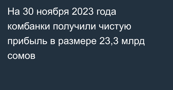 На 30 ноября 2023 года комбанки получили чистую прибыль в размере 23,3 млрд сомов