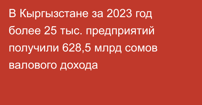 В Кыргызстане за 2023 год более 25 тыс. предприятий получили 628,5 млрд сомов валового дохода