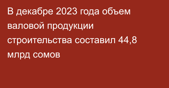 В декабре 2023 года объем валовой продукции строительства составил 44,8 млрд сомов