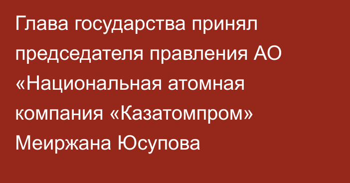 Глава государства принял председателя правления АО «Национальная атомная компания «Казатомпром» Меиржана Юсупова