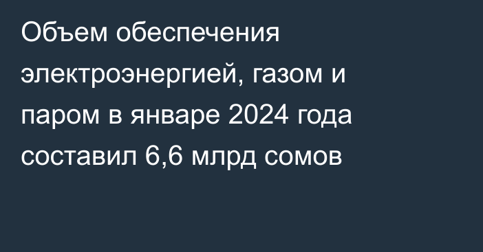 Объем обеспечения электроэнергией, газом и паром в январе 2024 года составил 6,6 млрд сомов