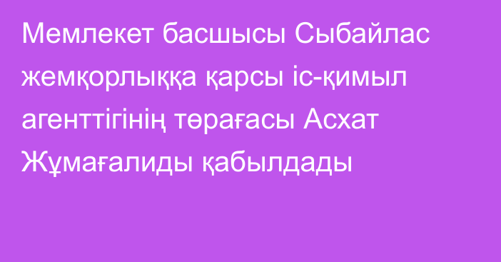 Мемлекет басшысы Cыбайлас жемқорлыққа қарсы іс-қимыл агенттігінің төрағасы Асхат Жұмағалиды қабылдады