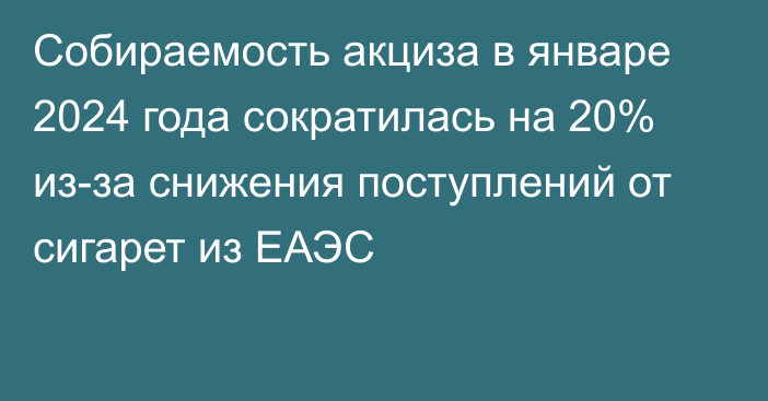 Собираемость акциза в январе 2024 года сократилась на 20% из-за снижения поступлений от сигарет из ЕАЭС