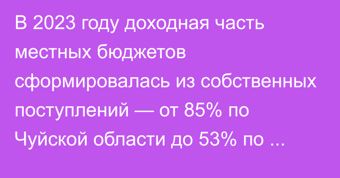 В 2023 году доходная часть местных бюджетов сформировалась из собственных поступлений — от 85% по Чуйской области до 53% по Нарынской области