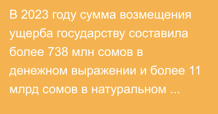 В 2023 году сумма возмещения ущерба государству составила более 738 млн сомов в денежном выражении и более 11 млрд сомов в натуральном виде, - генпрокурор Зулушев