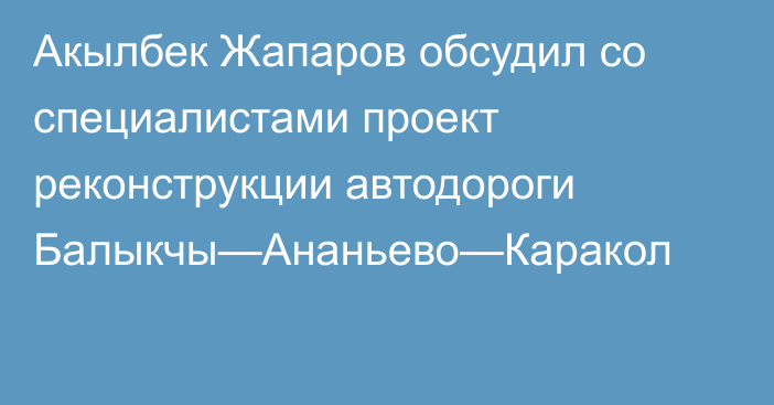 Акылбек Жапаров обсудил со специалистами проект реконструкции автодороги Балыкчы—Ананьево—Каракол