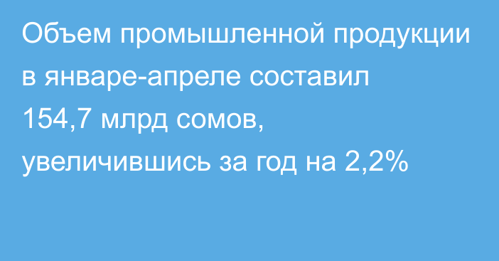 Объем промышленной продукции в январе-апреле составил 154,7 млрд сомов, увеличившись за год на 2,2%