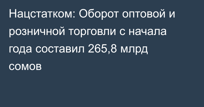 Нацстатком: Оборот оптовой и розничной торговли с начала года составил 265,8 млрд сомов