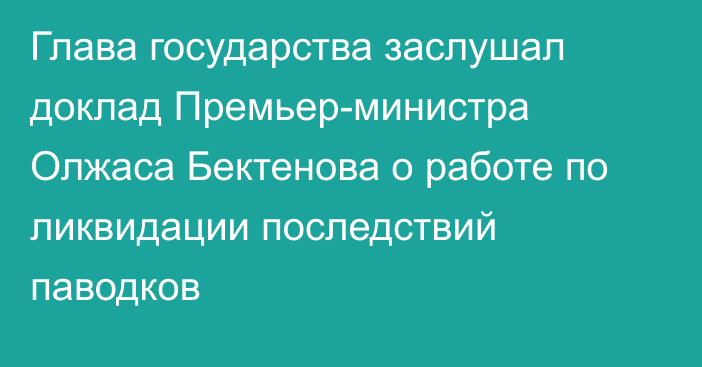 Глава государства заслушал доклад Премьер-министра Олжаса Бектенова о работе по ликвидации последствий паводков