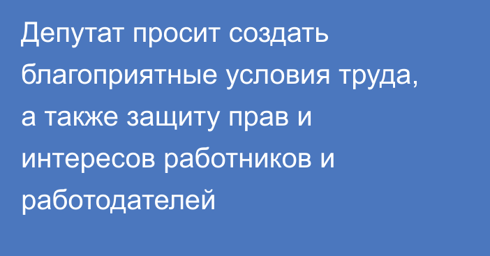 Депутат просит создать благоприятные условия труда, а также защиту прав и интересов работников и работодателей