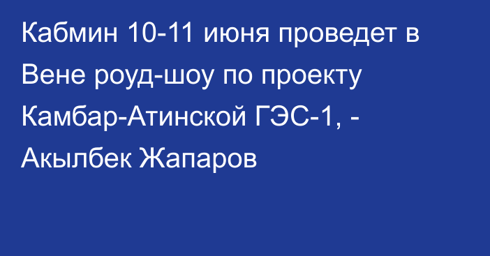 Кабмин 10-11 июня проведет в Вене роуд-шоу по проекту Камбар-Атинской ГЭС-1, - Акылбек Жапаров