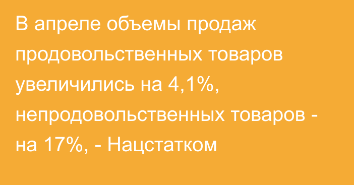 В апреле объемы продаж продовольственных товаров увеличились на 4,1%, непродовольственных товаров - на 17%, - Нацстатком