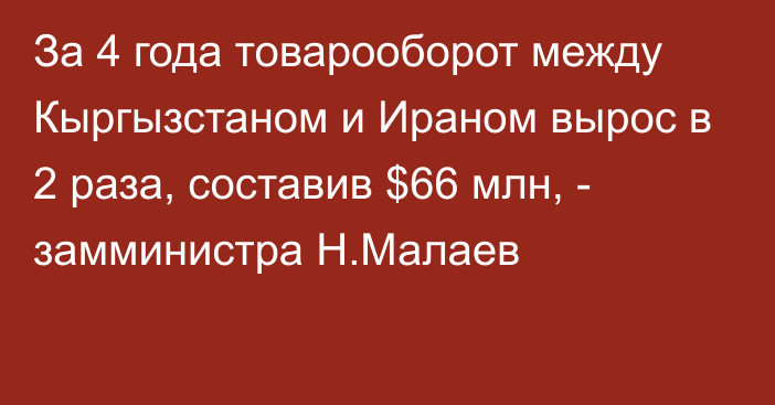 За 4 года товарооборот между Кыргызстаном и Ираном вырос в 2 раза, составив $66 млн, - замминистра Н.Малаев