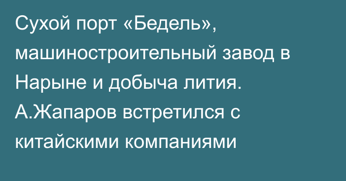 Сухой порт «Бедель», машиностроительный завод в Нарыне и добыча лития. А.Жапаров встретился с китайскими компаниями