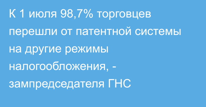 К 1 июля 98,7% торговцев перешли от патентной системы на другие режимы налогообложения, - зампредседателя ГНС