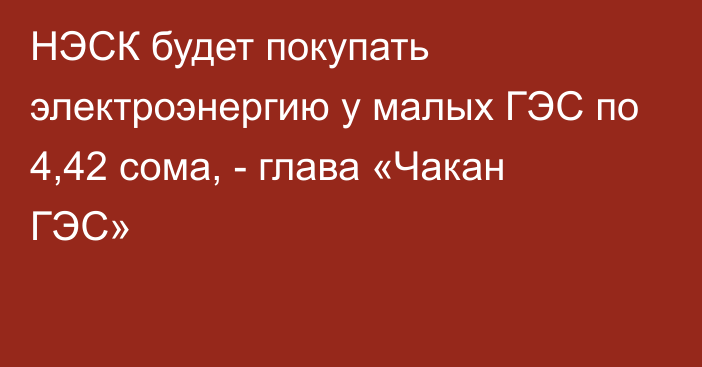 НЭСК будет покупать электроэнергию у малых ГЭС по 4,42 сома, - глава «Чакан ГЭС»