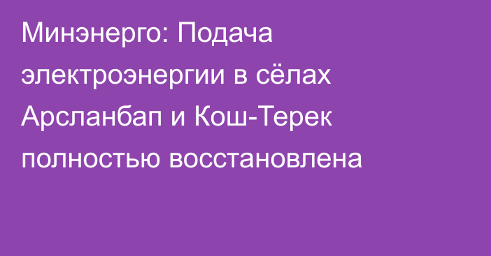 Минэнерго: Подача электроэнергии в сёлах Арсланбап и Кош-Терек полностью восстановлена