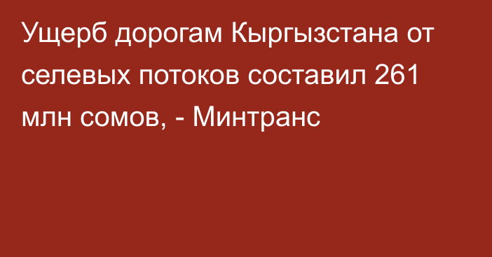 Ущерб дорогам Кыргызстана от селевых потоков составил 261 млн сомов, - Минтранс