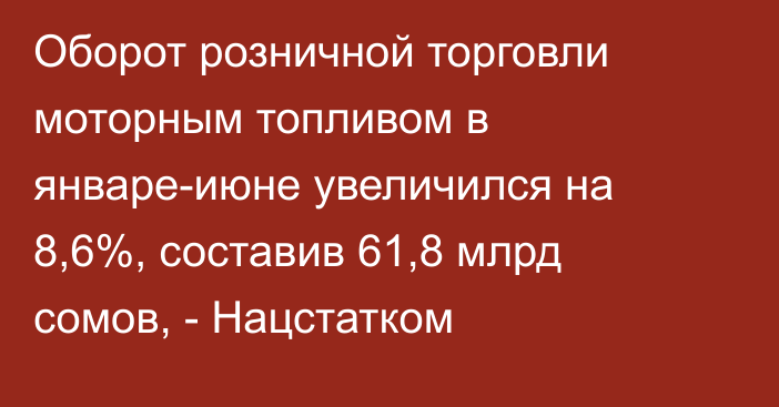 Оборот розничной торговли моторным топливом в январе-июне увеличился на 8,6%, составив 61,8 млрд сомов, - Нацстатком