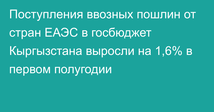 Поступления ввозных пошлин от стран ЕАЭС в госбюджет Кыргызстана выросли на 1,6% в первом полугодии