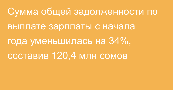 Сумма общей задолженности по выплате зарплаты с начала года уменьшилась на 34%, составив 120,4 млн сомов