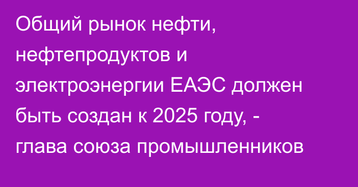 Общий рынок нефти, нефтепродуктов и электроэнергии ЕАЭС должен быть создан к 2025 году, - глава союза промышленников