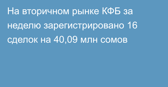 На вторичном рынке КФБ за неделю зарегистрировано 16 сделок на 40,09 млн сомов