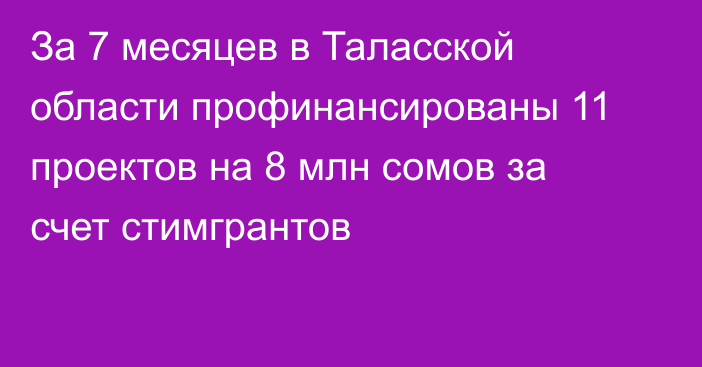 За 7 месяцев в Таласской области профинансированы 11 проектов на 8 млн сомов за счет стимгрантов